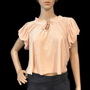 FREE PEOPLE Terese Velvet Pink Tint Short Puff Sleeves Crop Top Sz S/P